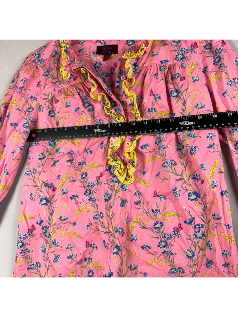 J.Crew Poplin Ruffle Blouse Size XS 100% Cotton Pink Wheat Bouquet Floral Print - Picture 10 of 13